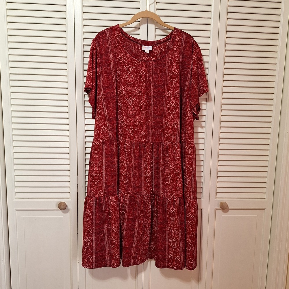 LuLaRoe Rust Red Paisley Tiered Midi Dress Ariel Pockets 3XL Boho Scoop Neck